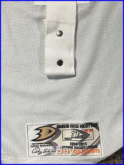 2014-15 John Gibson Anaheim Ducks PLAYOFF Game Issued Away White Jersey Set #2