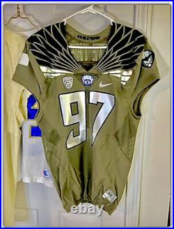 2014 Oregon Ducks Game Issued Olive Green Jersey Salute the Day Fanatics COA