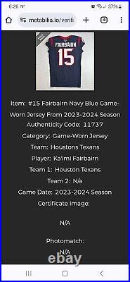 2023 Nike NFL Team Issued Ka'imi Fairbairn Houston Texans Game Worn Jersey COA