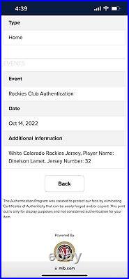 Ezequiel Tovar Colorado Rockies Game Issued Jersey 2022