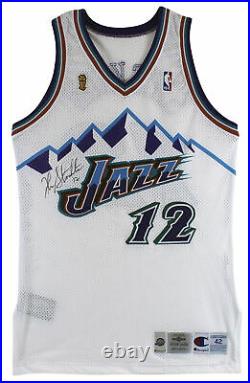 Jazz John Stockton Signed 1996-97 Game Issued White Champion Jersey BAS #AA03717