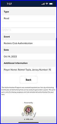 Raimel Tapia Colorado Rockies Game Issued Jersey 2022 Milwaukee Brewers