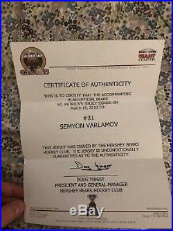 Semyon Varlamov Hershey Bears Game Issued Jersey Saint Patricks Day AHL Hockey