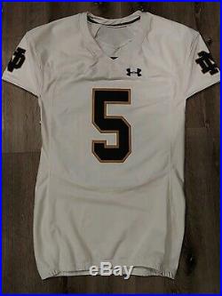 Under Armour TEAM ISSUED AUTHENTIC GAME NOTRE DAME FOOTBALL JERSEY AWAY WHITE #5